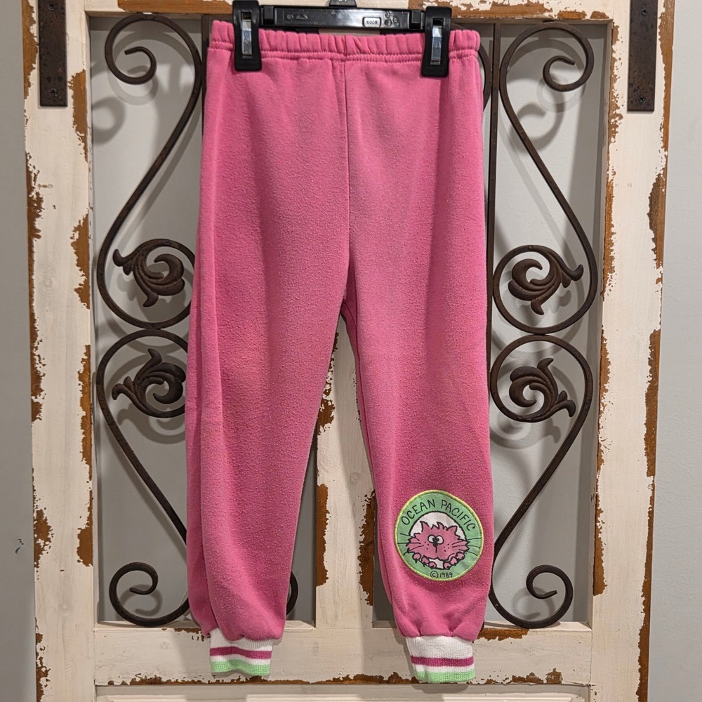 Vintage 1989 Ocean Pacific Pink Cat Tracksuit Set Kids Size 4T 80s OP Fleece - Picture 9 of 11